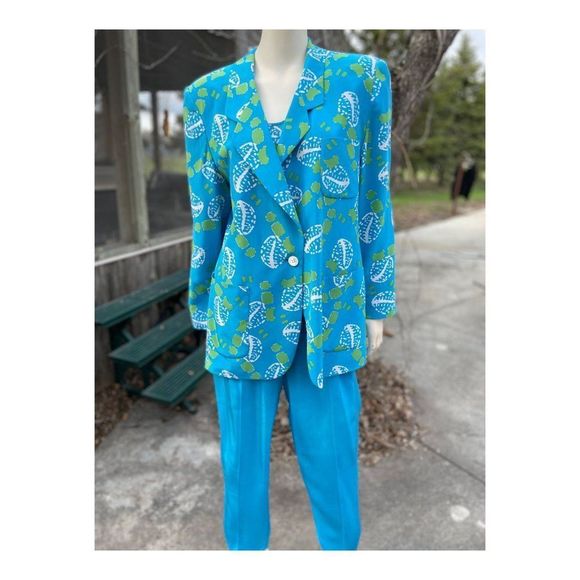 Alfred Sung Vintage 90s 100% Silk 3 Piece Dress Suit Turquoise Green Abstract - Picture 12 of 16